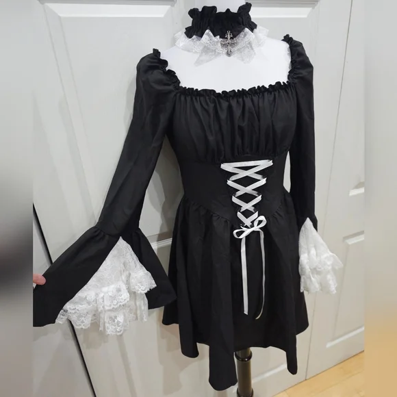 Dolls Kill Dark In Love Black & White Lace Goth Witchy Lace Up Mini Dress M - Picture 9 of 11